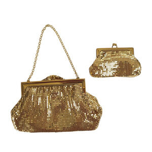 VINTAGE Whiting & Davis Mesh Bag & Coin Purse Set Gold Kiss Lock Made in USA